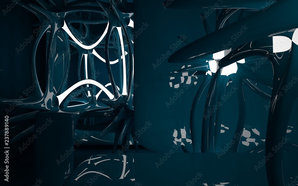 Abstract interior of the future in a minimalist style blue sculpture. Night view from the backligh. Architectural background. 3D illustration and rendering Abstract interior of the future in a minimalist style blue sculpture. Night view from the backligh. Architectural background. 3D illustration and rendering