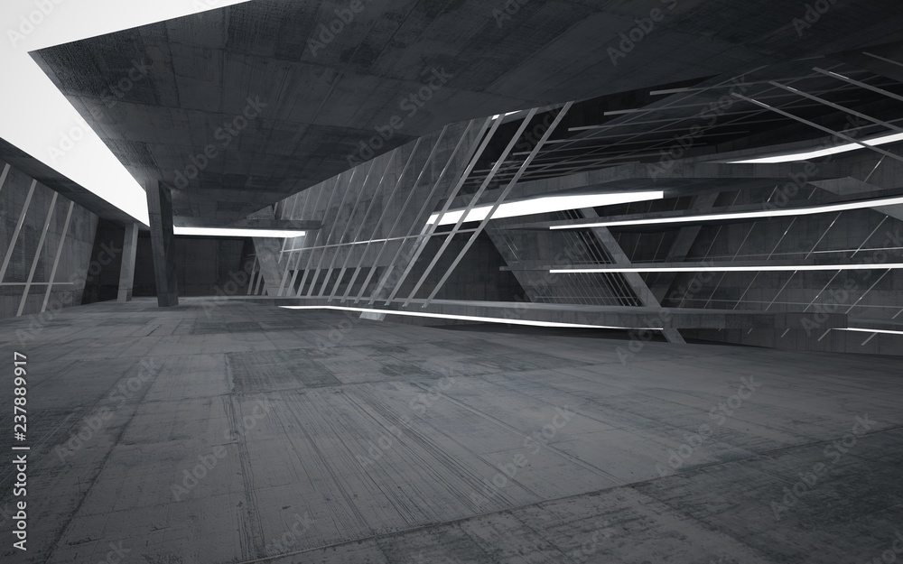 Fototapeta premium Empty dark abstract concrete room interior. Architectural background. Night view of the illuminated. 3D illustration and rendering