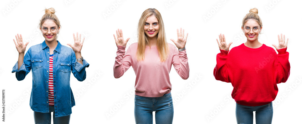 Obraz premium Collage of young beautiful blonde woman over isolated background showing and pointing up with fingers number ten while smiling confident and happy.