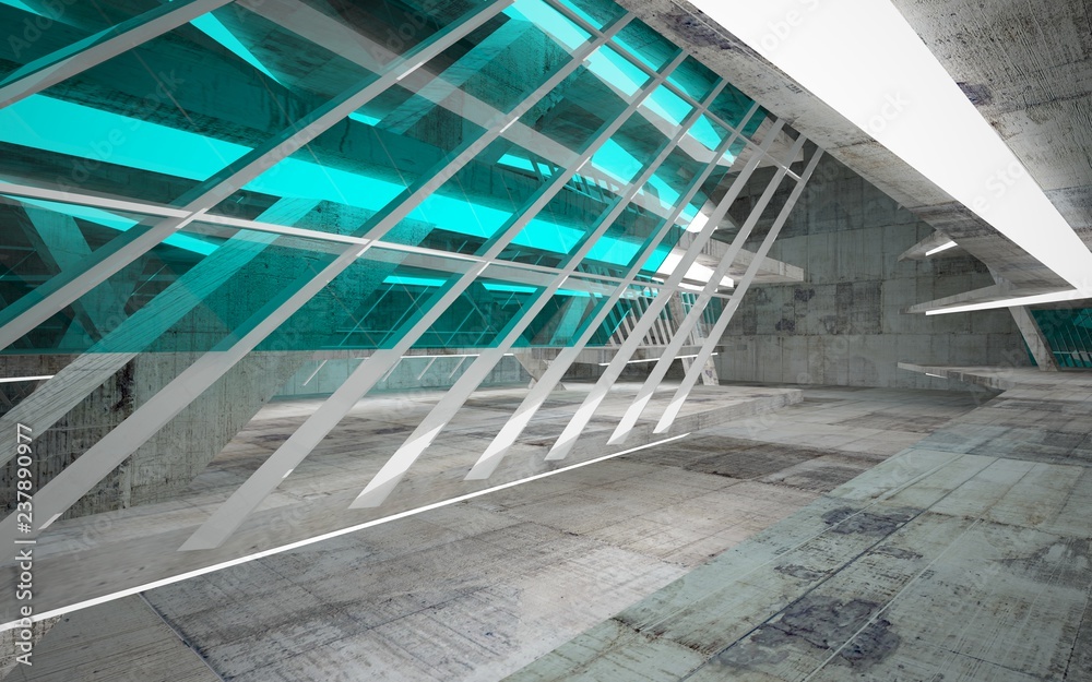 Fototapeta premium Empty dark abstract concrete room interior with blue glass. Architectural background. Night view of the illuminated. 3D illustration and rendering