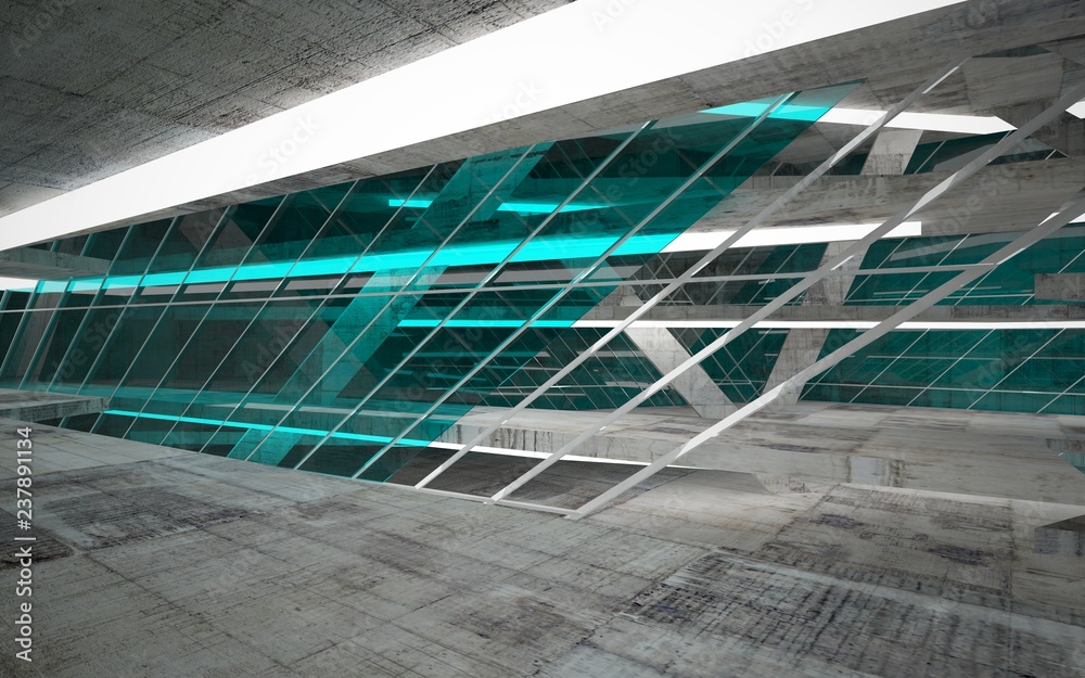Fototapeta premium Empty dark abstract concrete room interior with blue glass. Architectural background. Night view of the illuminated. 3D illustration and rendering