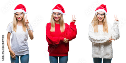 Collage of young beautiful blonde woman wearing christmas hat over isolated background smiling with happy face winking at the camera doing victory sign. Number two.