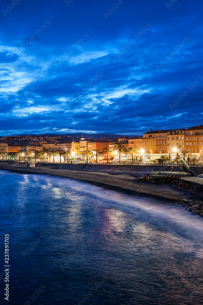 City of Nice at Blue Hour Evening in France