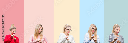 Collage of young beautiful blonde woman over vivid colorful vintage isolated background disgusted expression, displeased and fearful doing disgust face because aversion reaction. With hands raised