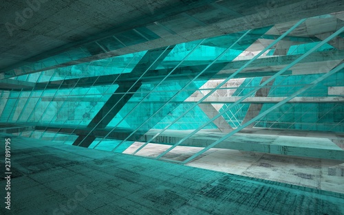 Abstract interior of blue glass and concrete. Architectural background. 3D illustration and rendering 