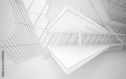 Abstract white interior highlights future. Polygon drawing . Architectural background. 3D illustration and rendering