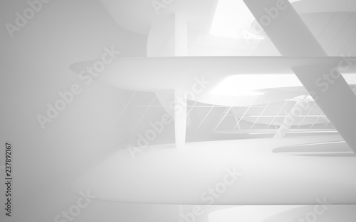Abstract smooth white interior of the future. Night view from the backlight. Architectural background. 3D illustration and rendering 