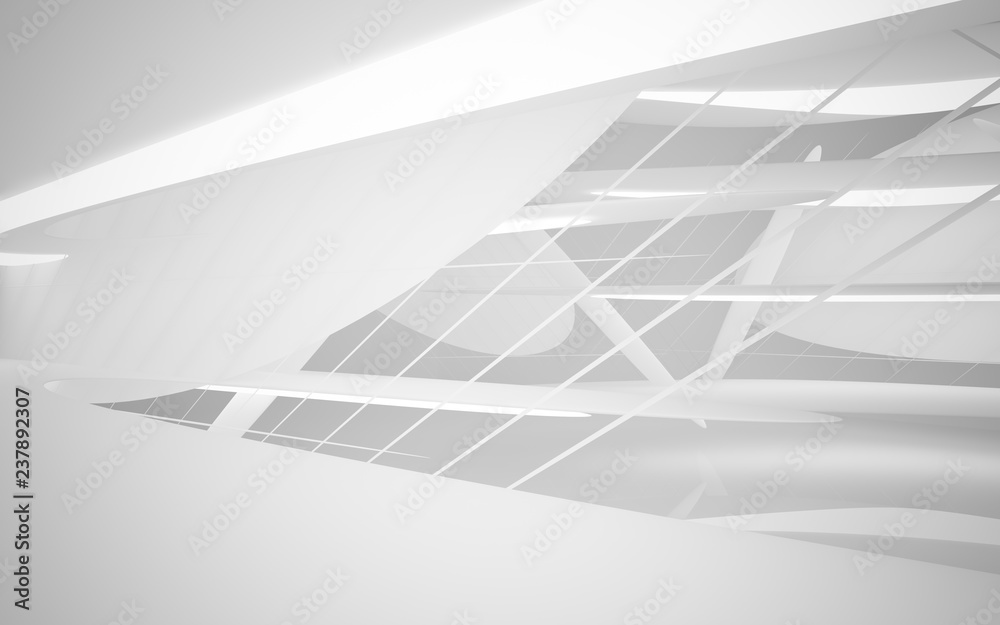Abstract smooth white interior of the future. Night view from the backlight. Architectural background. 3D illustration and rendering Abstract smooth white interior of the future. Night view from the backlight. Architectural background. 3D illustration and rendering