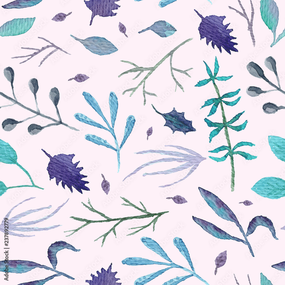 Fototapeta premium Mystery botanical seamless pattern with purple and blue leaves and branches on light pink background. Watercolor greenery texture with for textile, wrapping paper, print design, surface