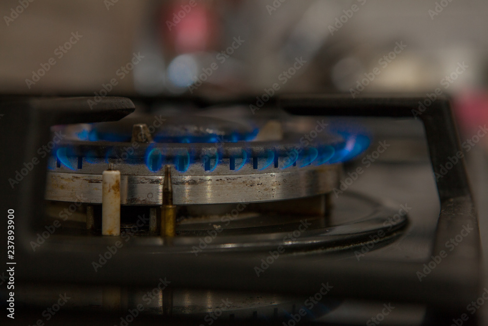 Obraz premium Fire on the gas stove burner. Burner gas stove, concept of energy. Closeup, selective focus