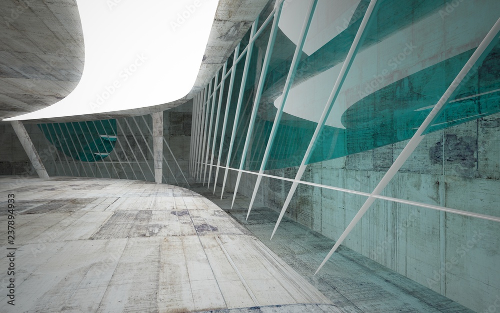 Obraz premium Empty dark abstract glass turquoise and concrete smooth interior. Night view of the illuminated. Architectural background. 3D illustration and rendering
