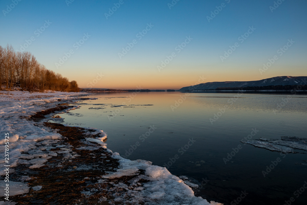 river, mountains, shore, ice, water, trees, sky, evening, sunset river, mountains, shore, ice, water, trees, sky, evening, sunset