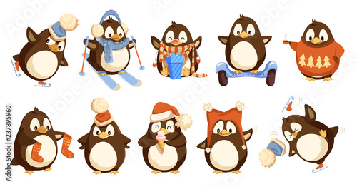 Penguins Wearing Winter Warm Clothes Set Vector