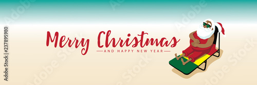 Cartoon illustration of relaxed Rastafarian  Santa Claus in his beach getup lying in a lounge chair by the ocean. Eps10 vector in contemporary flat style..