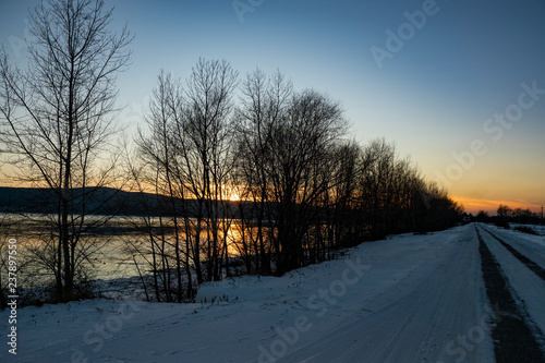 sunset, river, mountains, water, sky, trees, snow, road