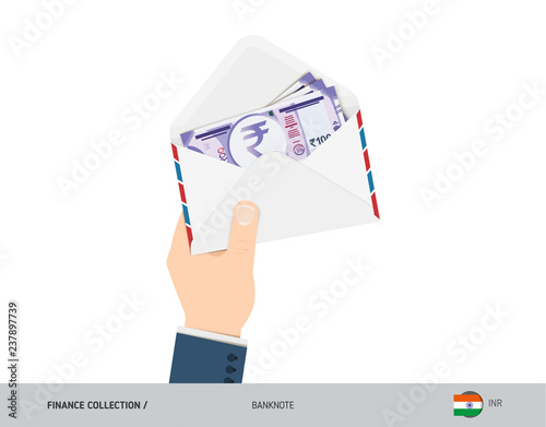 100 Indian Rupee Banknotes in envelope hold in hand. Flat style opened white envelope with cash. Salary payout or corruption concept.