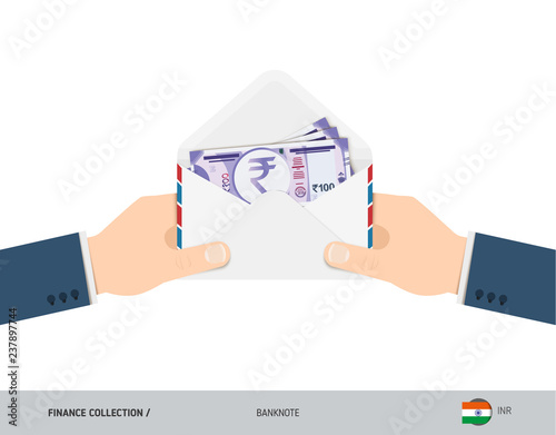 100 Indian Rupee Banknotes in envelope hold in hand. Flat style opened white envelope with cash. Salary payout or corruption concept.
