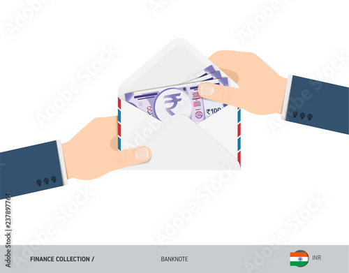 100 Indian Rupee Banknotes in envelope hold in hand. Flat style opened white envelope with cash. Salary payout or corruption concept.