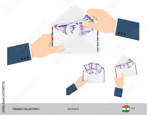 100 Indian Rupee Banknotes in envelope hold in hand. Set of flat style opened white envelopes with cash. Salary payout or corruption concept.