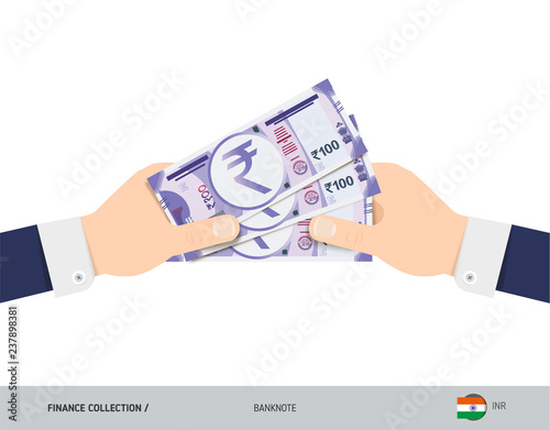 Three 100 Indian Rupee Banknotes in the hand. Flat style vector illustration. Finance concept.