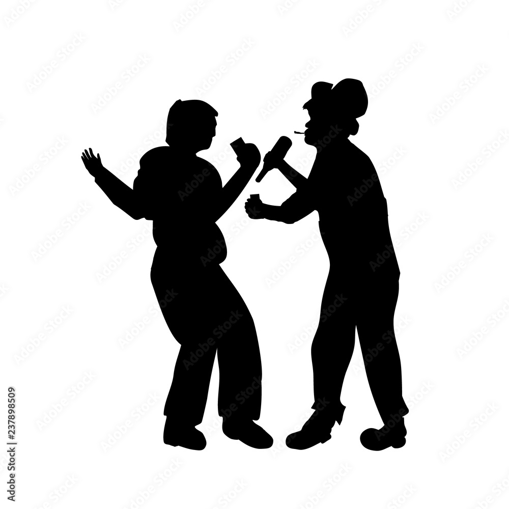 People drunk pouring. Drunk party. two men drinking vector silhouettes icon, sign, illustration alcohol