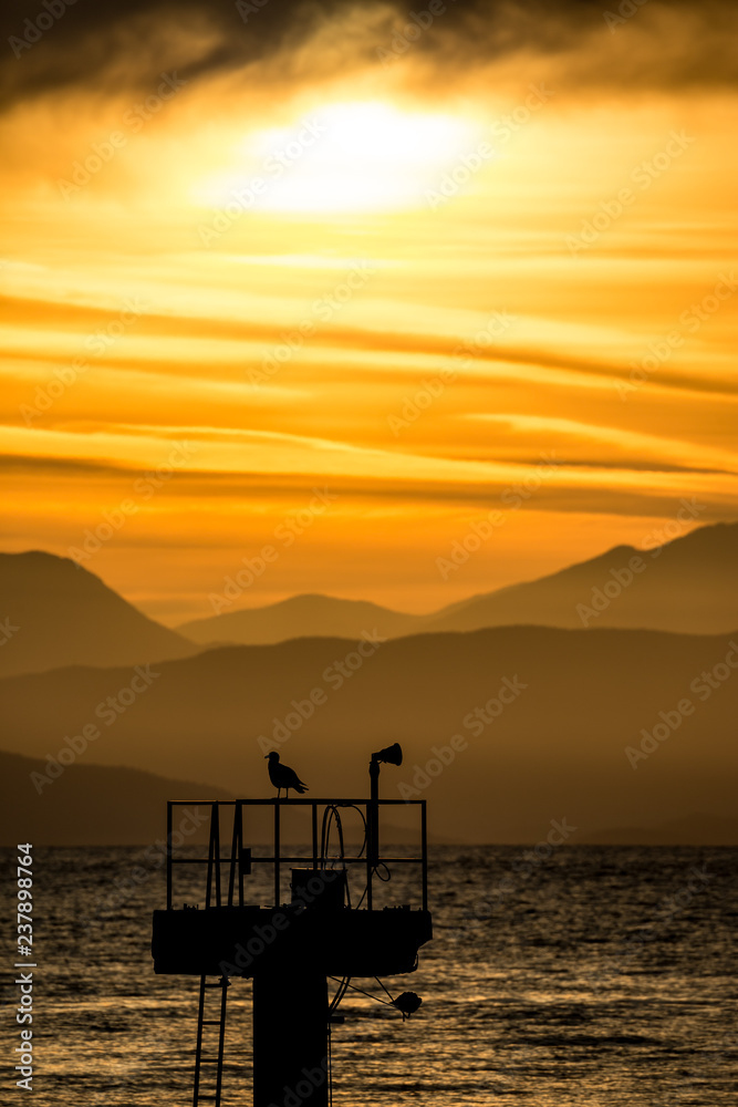 The silhouette of lonely seagull resting on airport light pole early in the morning at sunrise at Kerkira island, Corfu, Greece. Scenery golden curves of mountain range and clouds in the background