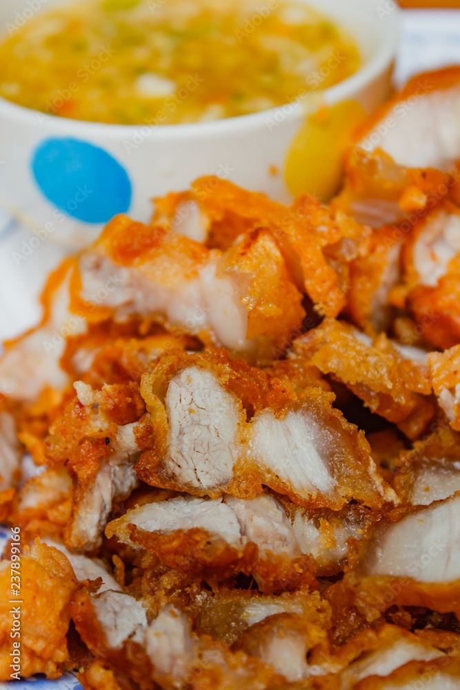 Deep fried crispy pork belly and spicy sauce. Deep fried crispy pork belly and spicy sauce.