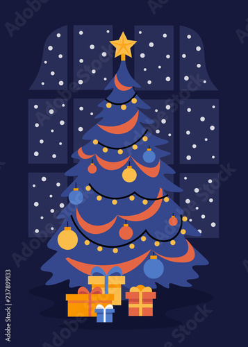 Christmas tree in a dark room. The night before the New Year. Snow outside the window. Holiday Vector Flat Illustration