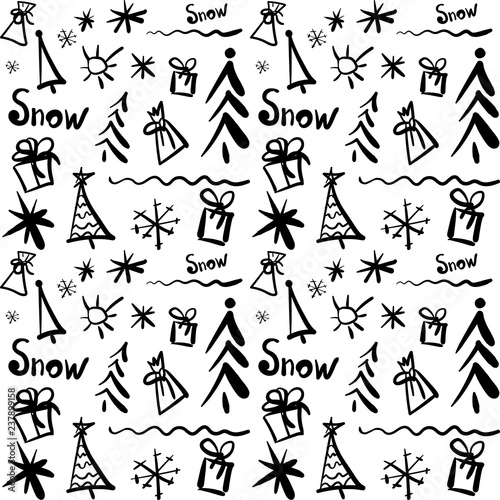 Doodle pattern with symbols of Christmas and New Year for festive decor. With snowflakes  Christmas trees and gifts.