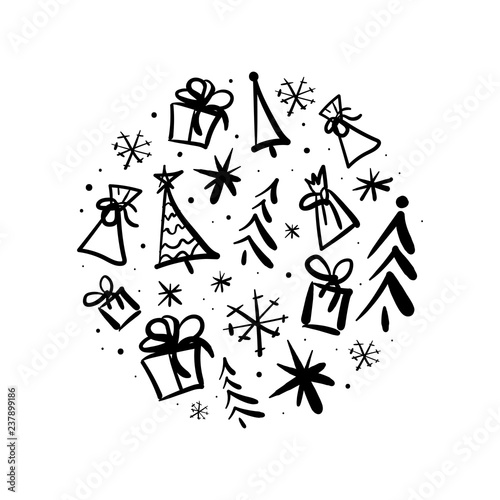 Vector round illustration on the theme of Christmas and the new year  black and white  great for the decoration of greeting cards  gifts.Doodle hand drawn