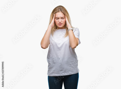 Young caucasian woman over isolated background with hand on head for pain in head because stress. Suffering migraine.