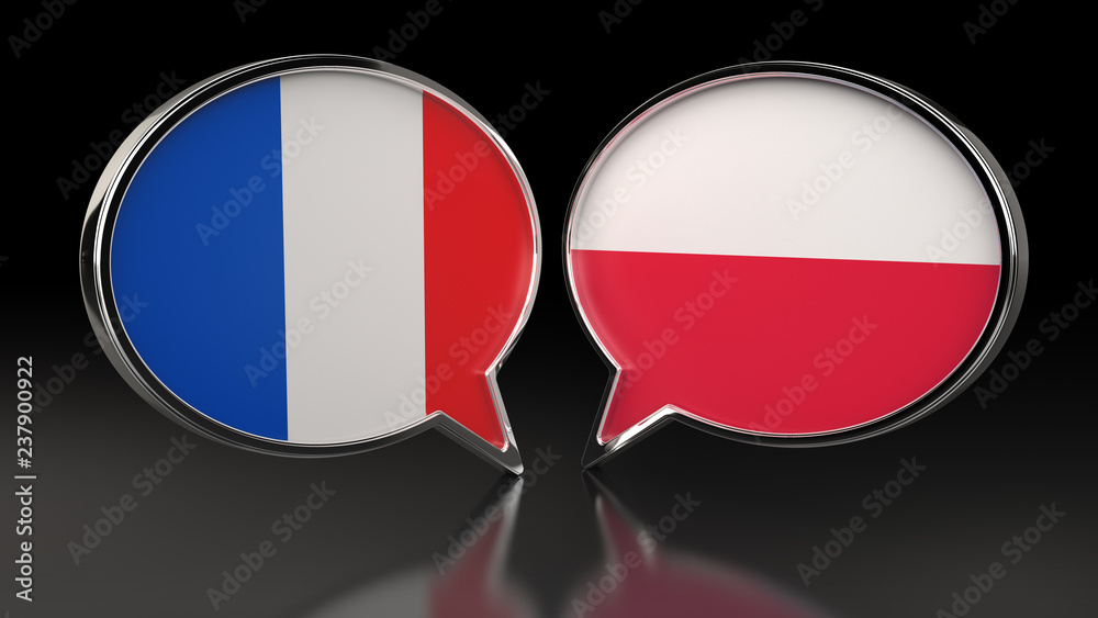 France and Poland flags with Speech Bubbles. 3D illustration France and Poland flags with Speech Bubbles. 3D illustration
