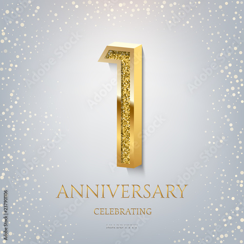 1st Anniversary Celebrating golden text and confetti on light blue background. Vector celebration 1 anniversary event template.
