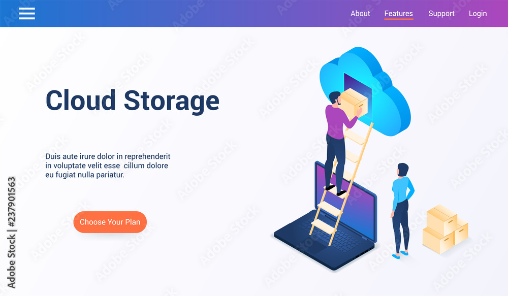 Isometric design concept on cloud storage theme. Vector illustration mock-up for website and mobile website. Landing page template