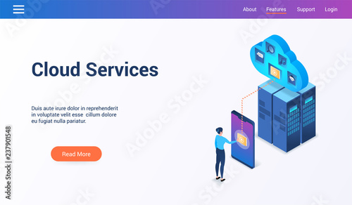 Isometric design concept on cloud services theme. Vector illustration mock-up for website and mobile website. Landing page template