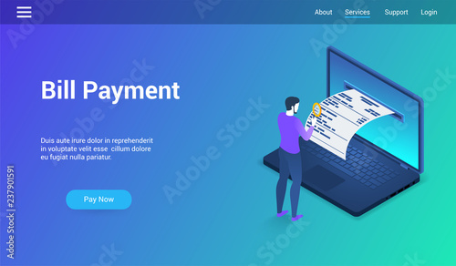 Isometric landing page template for bill payment. Vector illustration mock-up for website and mobile website