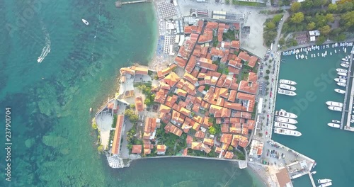Montenegro Budva Old Town aerial view. Drone flies high above the old town