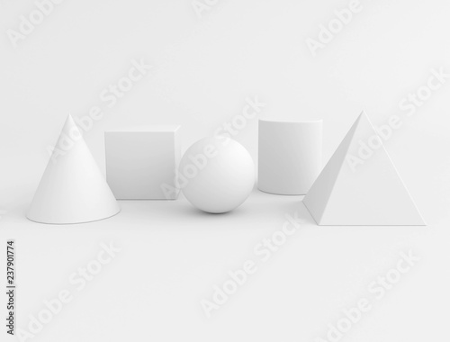 White Geometry 3D Graphic Shapes Cube Pyramid Cone Cylinder Sphere isolated on white background with shadows 3D rendering