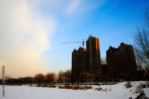 Unfinished buildings in the snow