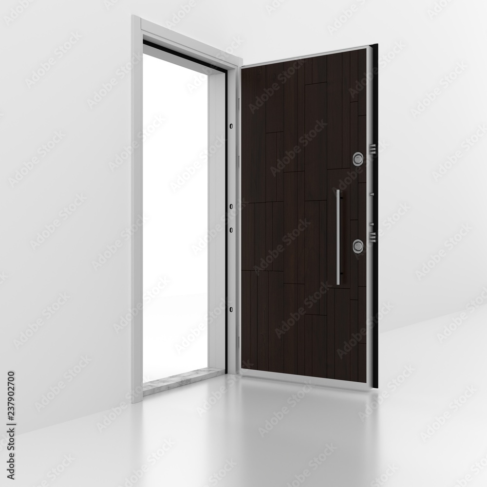 Metal door with wall. 3D rendering. 3D illustration Metal door with wall. 3D rendering. 3D illustration