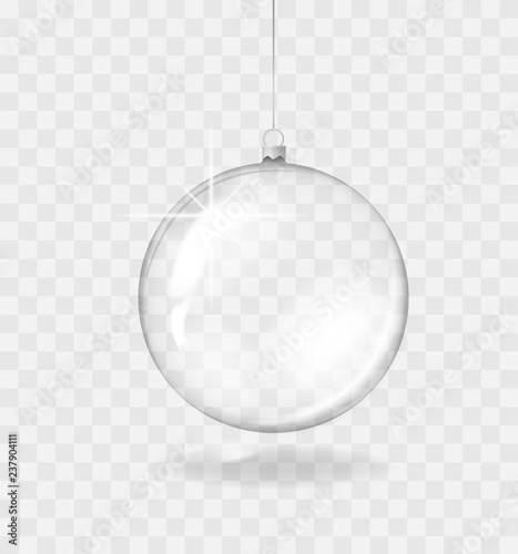 Glass transparent Christmas ball. Holiday decoration template. Vector illustration.