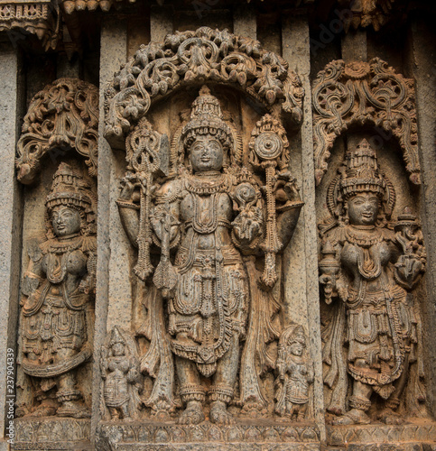 Artistic stone sculptures of Hindu Gods and Goddesses at Somanathapura Temple, Karnataka, India
