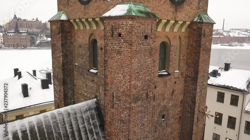 Amazing close up architectural works as seen from a drone panning downward in a vertical motion, St Klara Church,Stockholm. photo