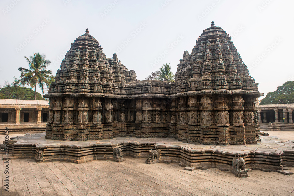 Somanathapura temple, Karnataka, India with artistic stone sculpture and carvings.