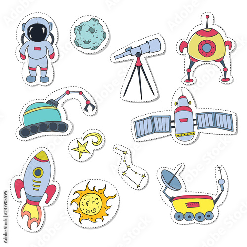 Set of stickers with different space objects.