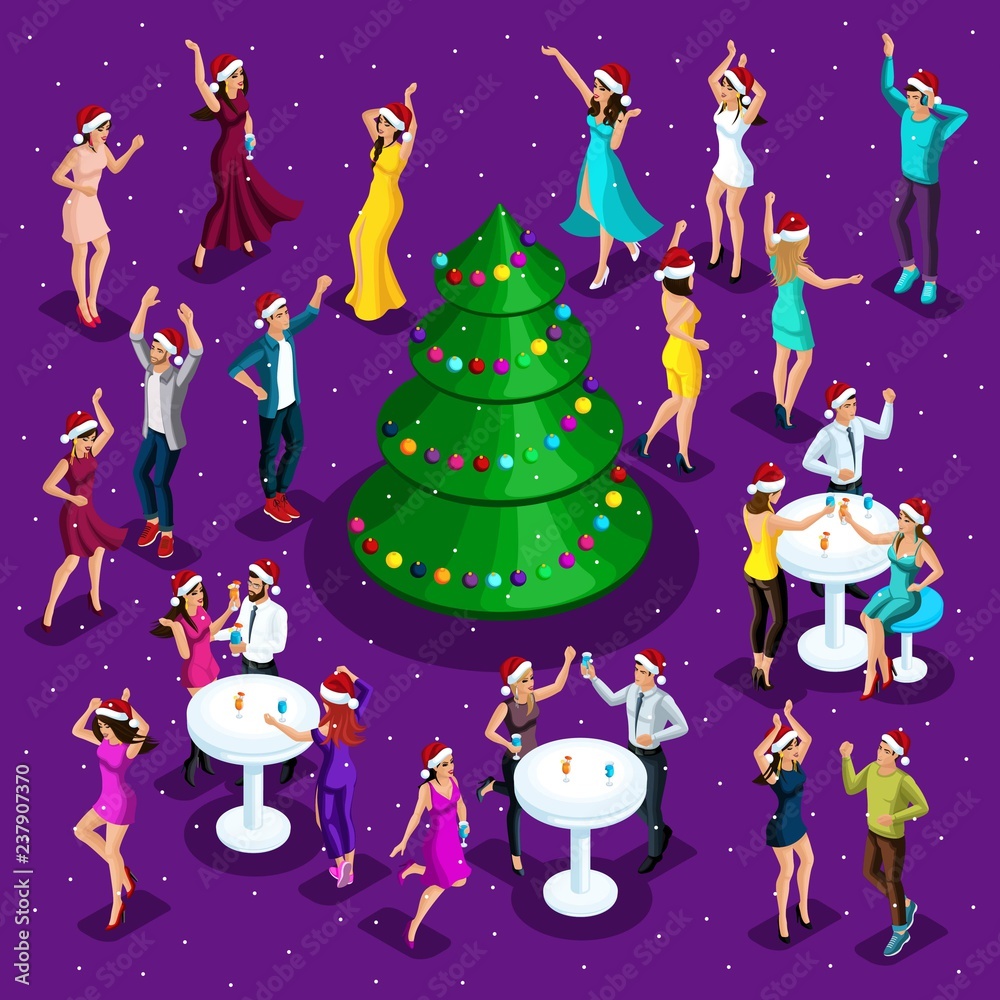 Isometric celebration of Christmas, 3d dancing, happiness of a man and a woman are having fun, festive Christmas tree in the center, corporate party, night club Isometric celebration of Christmas, 3d dancing, happiness of a man and a woman are having fun, festive Christmas tree in the center, corporate party, night club