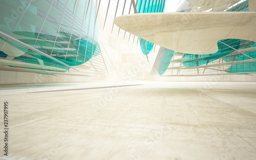 Empty dark abstract glass turquoise and concrete smooth interior. Architectural background. 3D illustration and rendering