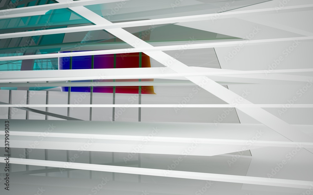 Obraz premium abstract architectural interior with white sculpture and geometric glass lines. 3D illustration and rendering
