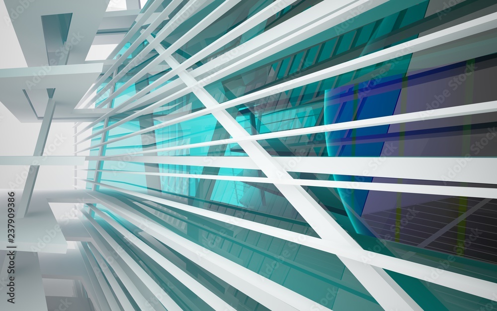 Obraz premium abstract architectural interior with white sculpture and geometric glass lines. 3D illustration and rendering