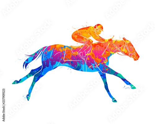 Valokuva Abstract racing horse with jockey from splash of watercolors